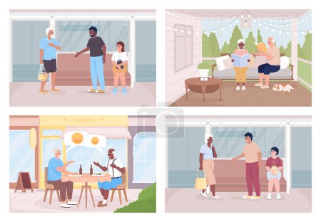 Téléchargez les illustrations : Senior people wellness flat color vector illustration set. Giving up seat to elderly. Comfortable aging. Fully editable 2D simple cartoon characters collection with interior on background - en licence libre de droit