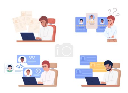 Téléchargez les illustrations : Recruiters comparing job candidates semi flat color vector characters set. Editable figures. Full body people on white. Simple cartoon style illustration pack for web graphic design and animation - en licence libre de droit