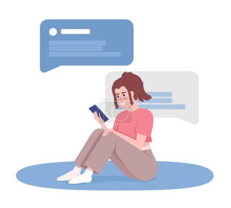 Ilustración de Young woman spending time with mobile messaging app 2D vector isolated illustration. Girl texting flat character on cartoon background. Colorful editable scene for mobile, website, presentation - Imagen libre de derechos