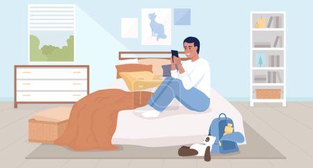 Ilustración de Spending too much time on phone flat color vector illustration. Adolescent boy texting with friends and sitting on bed. Fully editable 2D simple cartoon character with bedroom interior on background - Imagen libre de derechos