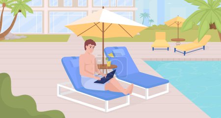 Ilustración de Digital nomad lifestyle on tropical vacation flat color vector illustration. Man sitting on lounger near swimming pool. Fully editable 2D simple cartoon character with hotel exterior on background - Imagen libre de derechos