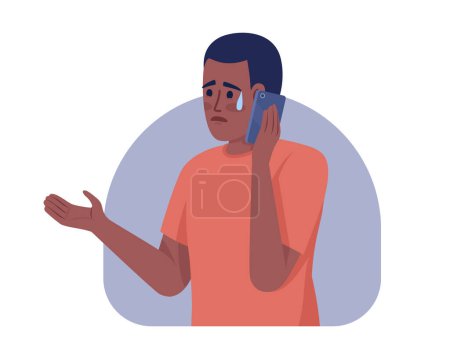 Ilustración de Telling bad news on phone 2D vector isolated illustration. Crying man with smartphone feeling anxiety flat character on cartoon background. Colorful editable scene for mobile, website, presentation - Imagen libre de derechos