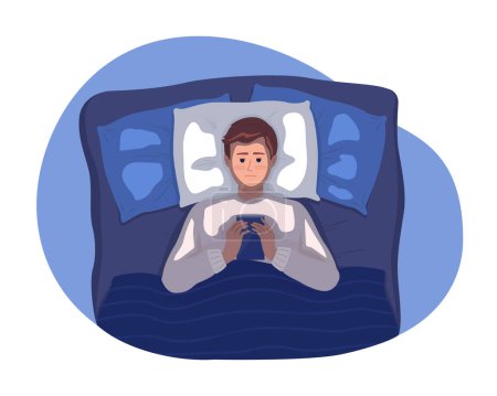 Bedtime mobile phone use 2D vector isolated illustration. Drowsy boy using smartphone while lying down flat character on cartoon background. Colorful editable scene for mobile, website, presentation