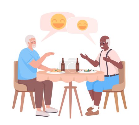 Ilustración de Older friends laughing together and having dinner semi flat color vector characters. Editable figures. Full body people on white. Simple cartoon style illustration for web graphic design and animation - Imagen libre de derechos
