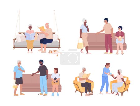 Téléchargez les illustrations : Caring for older adults semi flat color vector characters set. Aging seniors. Editable figures. Full body people on white. Simple cartoon style illustration pack for web graphic design and animation - en licence libre de droit