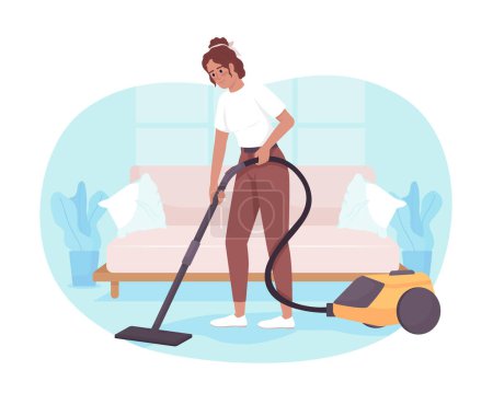 Illustration for Living room cleaning routine 2D vector isolated illustration. Woman removing dirt with vacuum cleaner flat character on cartoon background. Colorful editable scene for mobile, website, presentation - Royalty Free Image