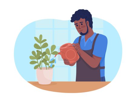 Téléchargez les illustrations : Housekeeper taking care of houseplants 2D vector isolated illustration. Man watering plants regularly flat character on cartoon background. Colorful editable scene for mobile, website, presentation - en licence libre de droit