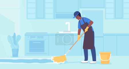 Téléchargez les illustrations : Maintaining commercial kitchen flooring flat color vector illustration. Janitor in apron cleaning surface with mop. Fully editable 2D simple cartoon character with light blue interior on background - en licence libre de droit