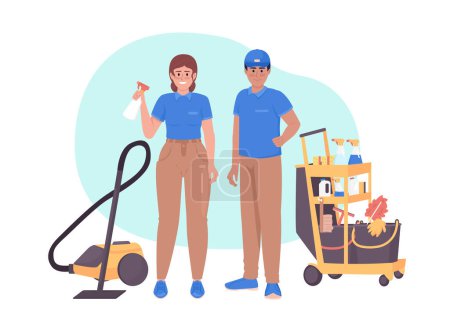Illustration for Professional janitors with cleaning equipment 2D vector isolated illustration. Housekeepers flat characters on cartoon background. Colorful editable scene for mobile, website, presentation - Royalty Free Image