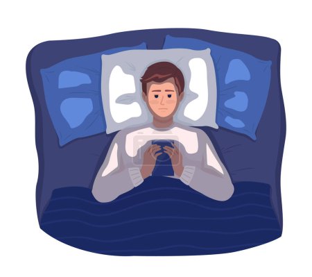 Illustration for Drowsy boy using phone while lying down semi flat color vector character. Editable figure. Full body person on white. Simple cartoon style illustration for web graphic design and animation - Royalty Free Image