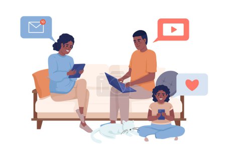 Téléchargez les illustrations : Family sitting together on sofa with gadgets semi flat color vector characters. Editable figures. Full body people on white. Simple cartoon style illustration for web graphic design and animation - en licence libre de droit
