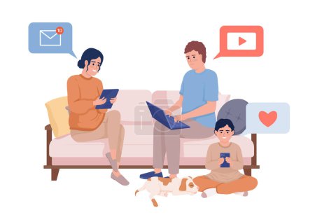 Téléchargez les illustrations : Family members sitting on couch with devices semi flat color vector characters. Editable figures. Full body people on white. Simple cartoon style illustration for web graphic design and animation - en licence libre de droit