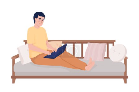Téléchargez les illustrations : Young man with laptop sitting on couch comfortably semi flat color vector character. Editable figure. Full body person on white. Simple cartoon style illustration for web graphic design and animation - en licence libre de droit