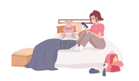 Téléchargez les illustrations : Teenage girl with phone relaxing on bed semi flat color vector character. Editable figure. Full body person on white. Simple cartoon style illustration for web graphic design and animation - en licence libre de droit