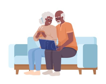 Ilustración de Senior couple using laptop semi flat color vector characters. Learning notebook. Editable figures. Full body people on white. Simple cartoon style illustration for web graphic design and animation - Imagen libre de derechos