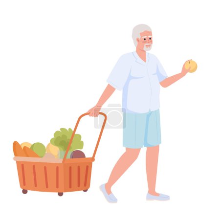 Téléchargez les illustrations : Senior man with shopping trolley semi flat color vector character. Buying vegetables. Editable figure. Full body person on white. Simple cartoon style illustration for web graphic design and animation - en licence libre de droit