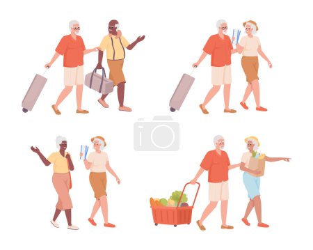 Ilustración de Senior travelers semi flat color vector characters set. Going on trip, shopping. Editable figures. Full body people on white. Simple cartoon illustration pack for web graphic design and animation - Imagen libre de derechos
