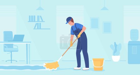 Illustration for Commercial floor cleaning service flat color vector illustration. Male janitor mopping office building flooring. Fully editable 2D simple cartoon character with light blue interior on background - Royalty Free Image