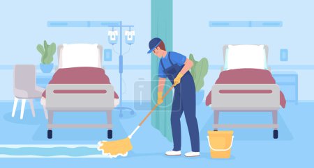 Illustration for Mopping hospital floor surfaces flat color vector illustration. Male janitor in uniform cleaning floor with mop. Fully editable 2D simple cartoon character with light blue interior on background - Royalty Free Image