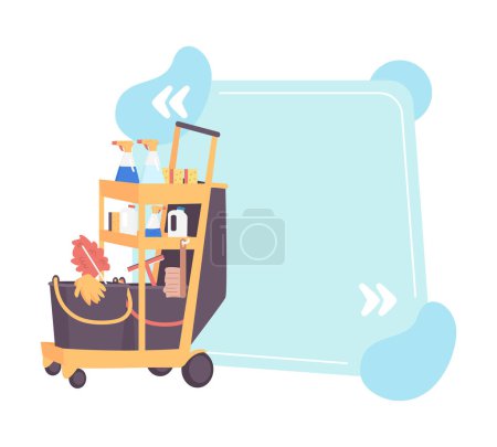 Ilustración de Housekeeping cart quote textbox with flat object. Maid trolley. Cleaning supplies in office, hotel. Speech bubble with editable cartoon illustration. Creative quotation isolated on white background - Imagen libre de derechos