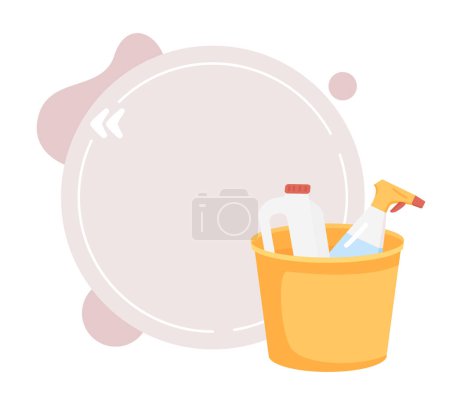 Ilustración de Cleaning tools in mop bucket quote textbox with flat object. Household chores. Housekeeping supplies. Speech bubble with editable cartoon illustration. Creative quotation isolated on white background - Imagen libre de derechos