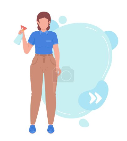 Illustration for Female housekeeper with spray bottle quote textbox with flat character. Tidying house service. Speech bubble with editable cartoon illustration. Creative quotation isolated on white background - Royalty Free Image