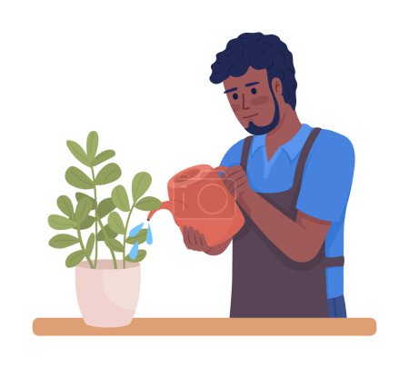 Téléchargez les illustrations : Male housekeeper watering indoor plants regularly semi flat color vector character. Editable figure. Half body person on white. Simple cartoon style illustration for web graphic design and animation - en licence libre de droit