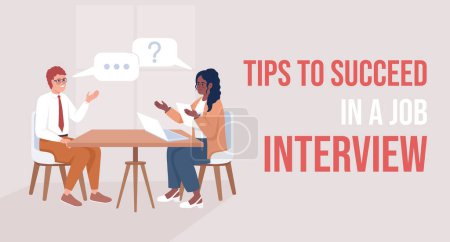 Téléchargez les illustrations : Tips to succeed in job interview flat vector banner template. Communication with HR recruiter poster, leaflet printable color designs. Editable flyer page with text space. Bebas Neue font used - en licence libre de droit