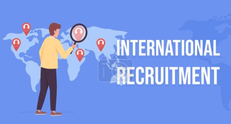 Illustration for International recruitment flat vector banner template. HR strategy. Looking for employees abroad poster, leaflet printable color designs. Editable flyer page with text space. Bebas Neue font used - Royalty Free Image