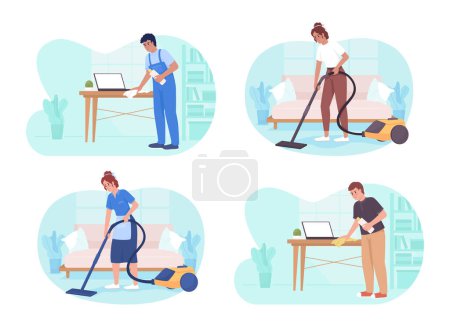 Téléchargez les illustrations : Cleaning dust at home service 2D vector isolated illustration set. Staff vacuuming, wiping surface flat characters on cartoon background. Colorful editable scene pack for mobile, website, presentation - en licence libre de droit