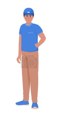 Illustration for Male janitor in uniform posing semi flat color vector character. Commercial cleaning. Editable figure. Full body person on white. Simple cartoon style illustration for web graphic design and animation - Royalty Free Image