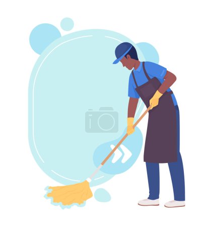 Ilustración de Housekeeper mopping floor quote textbox with flat character. Household chores. Cleaning business. Speech bubble with editable cartoon illustration. Creative quotation isolated on white background - Imagen libre de derechos