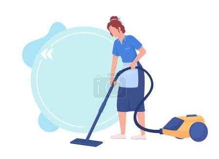 Illustration for Housemaid with vacuum cleaner quote textbox with flat character. Professional house maid service. Speech bubble with editable cartoon illustration. Creative quotation isolated on white background - Royalty Free Image
