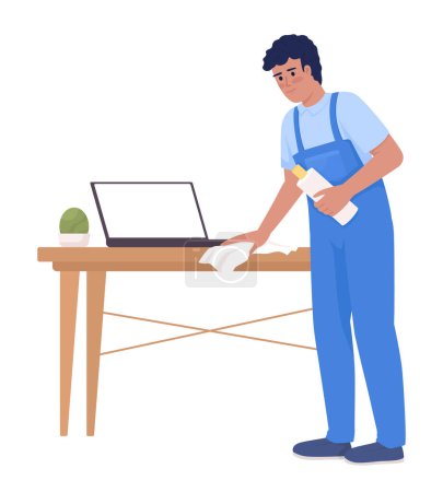 Ilustración de Male housekeeper wiping wood table with laptop semi flat color vector character. Editable figure. Full body person on white. Simple cartoon style illustration for web graphic design and animation - Imagen libre de derechos