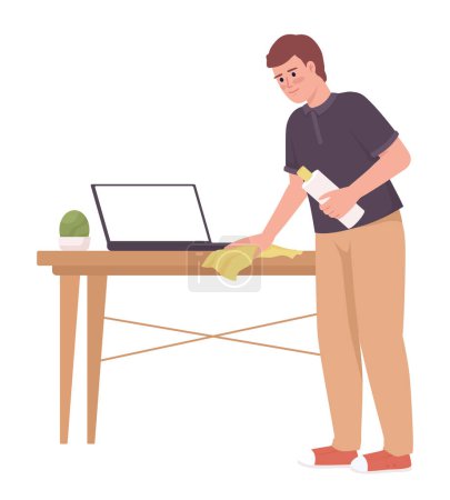 Illustration for Man cleaning wooden table surface with cloth semi flat color vector character. Editable figure. Full body person on white. Simple cartoon style illustration for web graphic design and animation - Royalty Free Image
