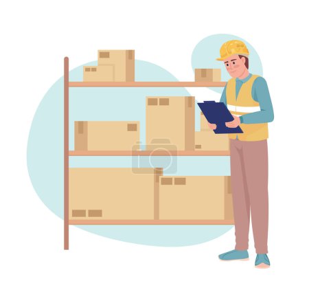 Illustration for Delivery management 2D vector isolated illustration. Warehouse manager standing near shelves with boxes flat character on cartoon background. Colorful editable scene for mobile, website, presentation - Royalty Free Image