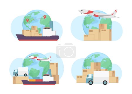 Illustration for Cargo shipping modes around world flat concept vector illustration set. Editable 2D cartoon scene collection on white for web design. Delivery creative ideas for website, mobile, presentation - Royalty Free Image