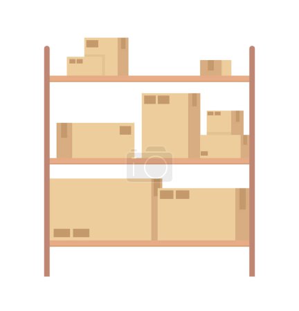 Téléchargez les illustrations : Storage rack with shipping cardboard boxes semi flat color vector objects. Editable items. Full sized elements on white. Simple cartoon style illustration for web graphic design and animation - en licence libre de droit
