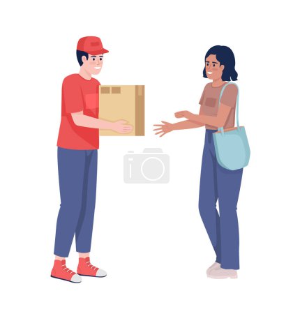 Ilustración de Smiling courier giving cardboard parcel to woman semi flat color vector characters. Editable figures. Full body people on white. Simple cartoon style illustration for web graphic design and animation - Imagen libre de derechos