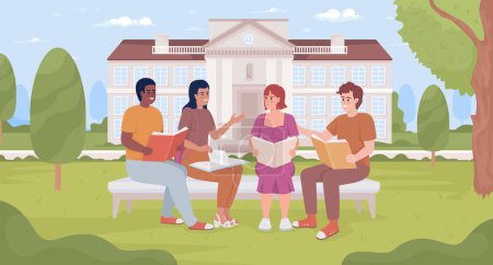 Illustration for Kids studying at schoolyard flat color vector illustration. Teens discussing book. Summer learning. Home assignment. Fully editable 2D simple cartoon characters with school building on background - Royalty Free Image