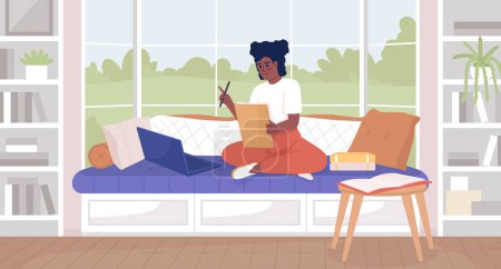 Téléchargez les illustrations : Online homeschooling program flat color vector illustration. Distant education. Cute girl writing home assignment on sofa. Fully editable 2D simple cartoon characters with living room on background - en licence libre de droit