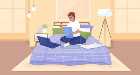 Téléchargez les illustrations : Remote education flat color vector illustration. Online public school. Happy boy doing assignment comfortably in bed. Fully editable 2D simple cartoon characters with bedroom on background - en licence libre de droit