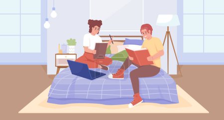 Illustration for Group project for bonding middle school classmates flat color vector illustration. Friends, siblings doing homework together. Fully editable 2D simple cartoon characters with bedroom on background - Royalty Free Image