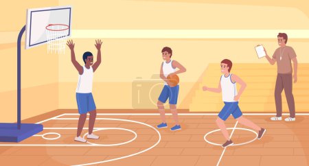 Téléchargez les illustrations : Workout and exercise class flat color vector illustration. Physical education. Athletic boys playing basketball in team. Fully editable 2D simple cartoon characters with gym on background - en licence libre de droit
