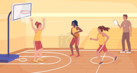 Ilustración de Athletic club in school flat color vector illustration. Sporty girls playing basketball together. High school sports activities. Fully editable 2D simple cartoon characters with gym on background - Imagen libre de derechos