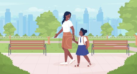 Ilustración de Picking up child after school day flat color vector illustration. Mom with female first grader in school uniform. Fully editable 2D simple cartoon characters with park and cityscape on background - Imagen libre de derechos