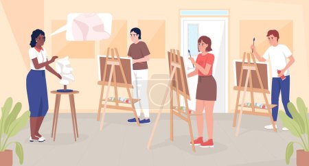 Téléchargez les illustrations : Art education in school flat color vector illustration. Teacher instructing students about human features realistic drawing. Fully editable 2D simple cartoon characters with classroom on background - en licence libre de droit