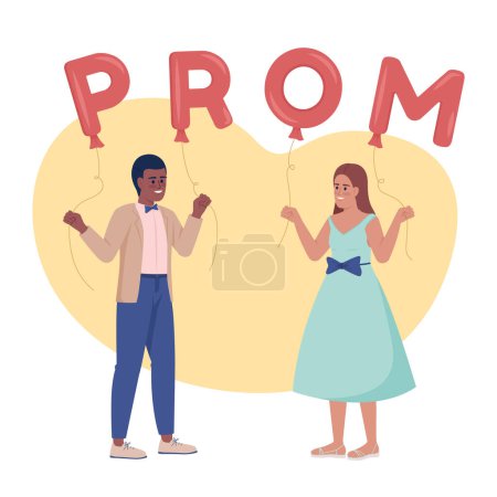 Ilustración de Prom date 2D vector isolated illustration. Couple inviting each other on party flat characters on cartoon background. Colorful editable scene for mobile, website, presentation. Fredoka One font used - Imagen libre de derechos