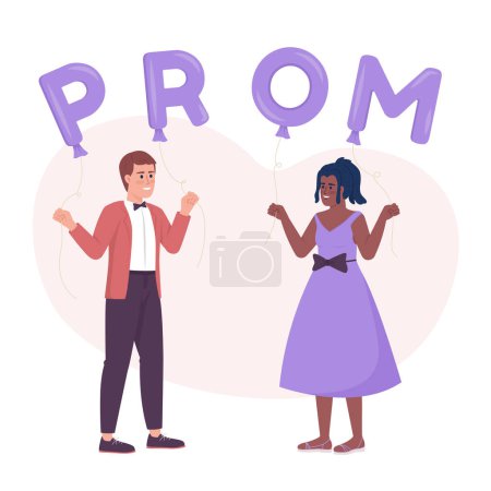 Illustration for Prom night 2D vector isolated illustration. Friends celebrating and dancing flat characters on cartoon background. Colorful editable scene for mobile, website, presentation. Fredoka One font used - Royalty Free Image