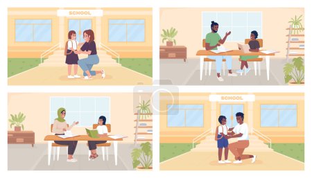 Illustration for Preparing child for first day of school flat color vector illustration set. Fully editable 2D simple cartoon characters pack with school building, home interior on background. Archivo Black font used - Royalty Free Image